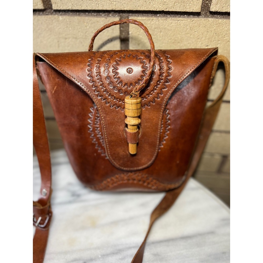 VTG Guatemalan Hand Tooled Leather Crossbody Bag Brown Boho Sunburst  Toggle